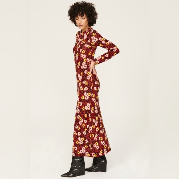 New! The Kooples Floral Knit Long Sleeve Maxi Dress Red, Yellow, Black 🌻 Small - Picture 2 of 13